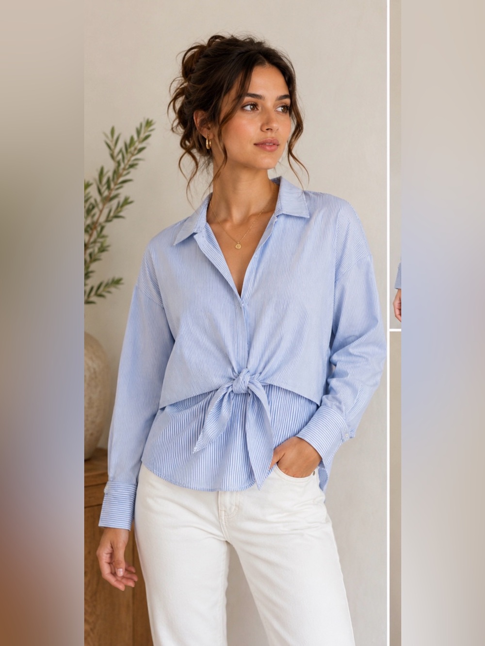 Cupio Blue Stripe Tie Front Layered Blouse Long Sleeve Button Front Top Size S